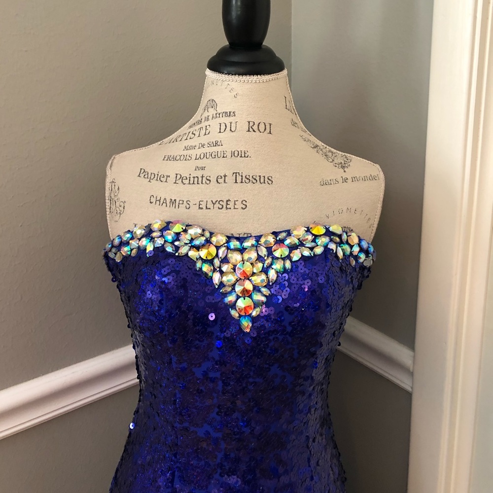 🔴CLEARANCE NEW TIFFANY DESIGNS SZ 2 ROYAL BLUE SEQUIN BEAD CORSET HIGH LOW GOWN - Picture 3 of 13